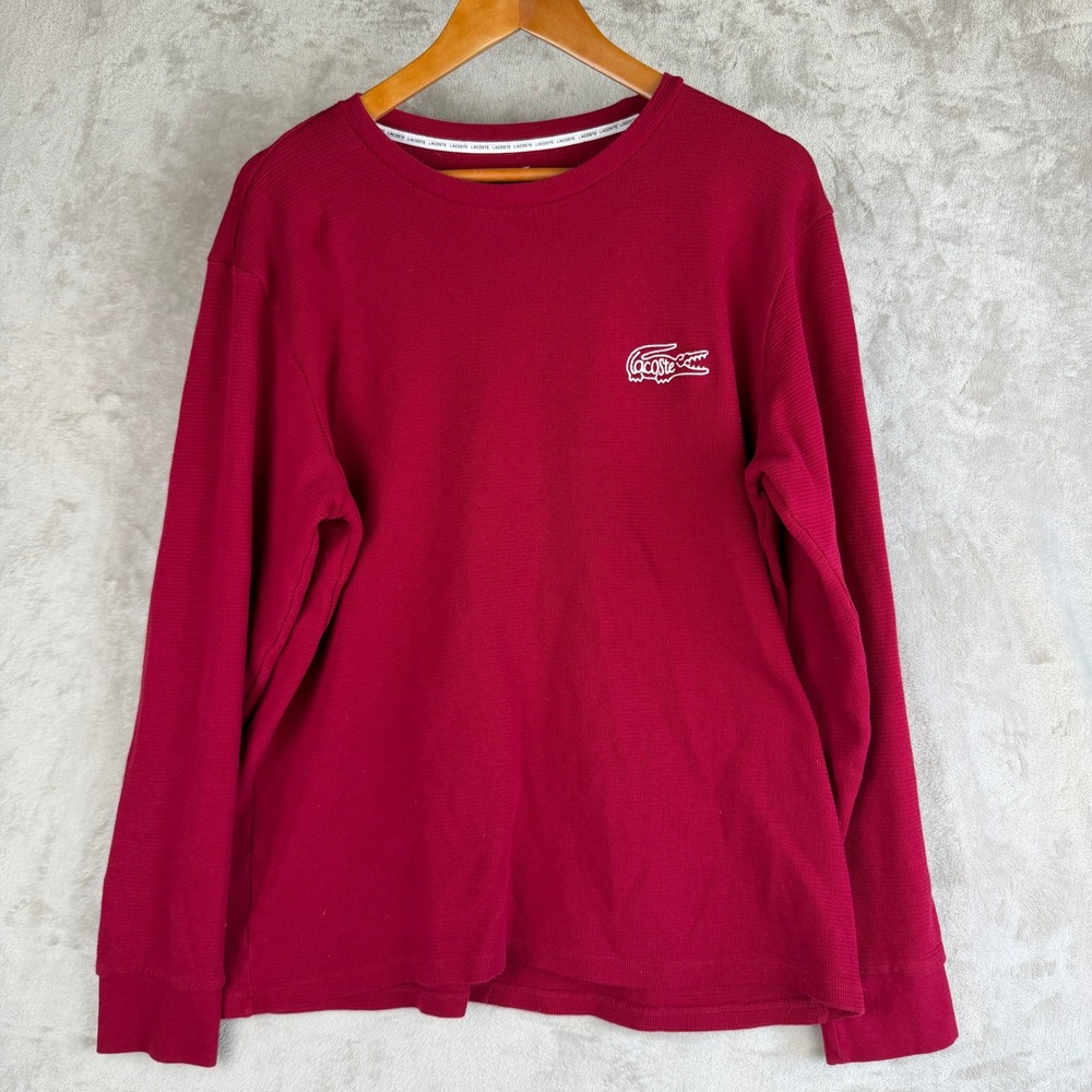 Lacoste Mens Large Red Waffle Knit Thermal Long Sleeve Sleep Shirt Logo RN87651
